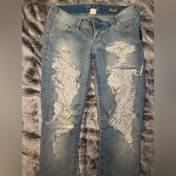 Silver ripped Denim skinny leg Jeans with lace - Picture 2 of 8